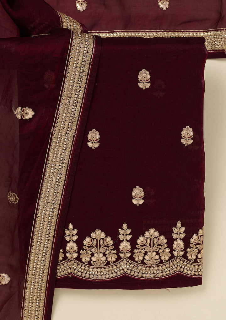 Dark Maroon Gotapatti Organza Unstitched Salwar Suit_koskii