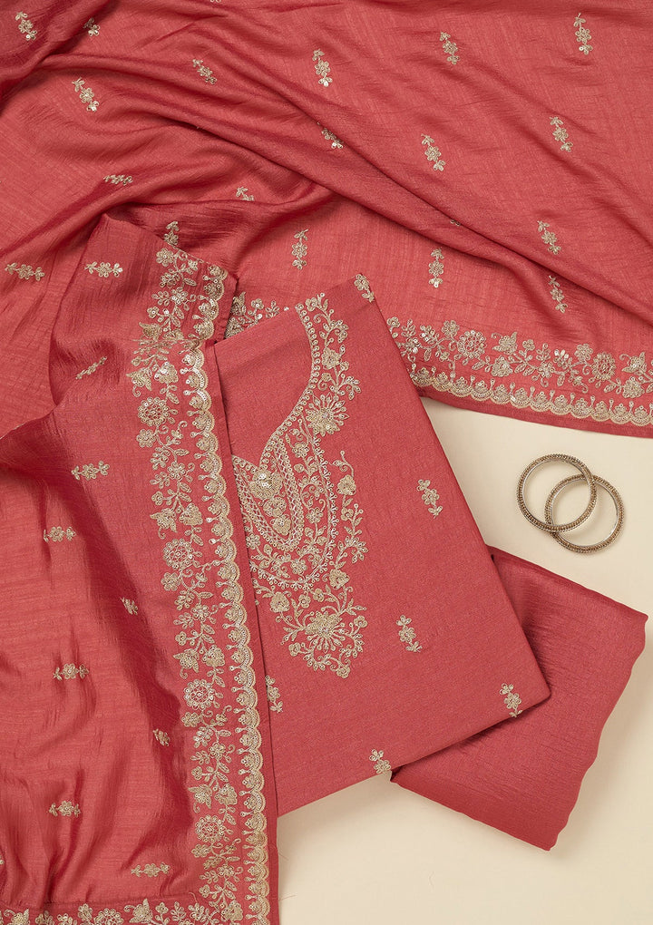 Rust Zariwork (Gold) Soft Raw Silk Unstitched Salwar Suit_koskii
