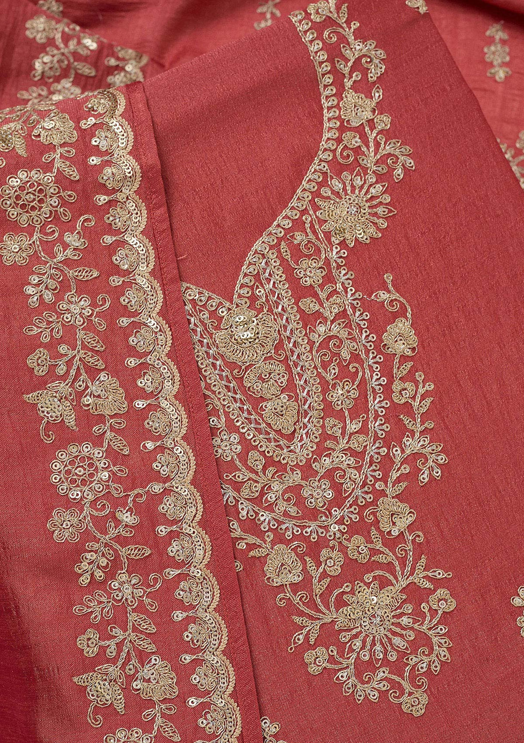 Rust Zariwork (Gold) Soft Raw Silk Unstitched Salwar Suit_koskii