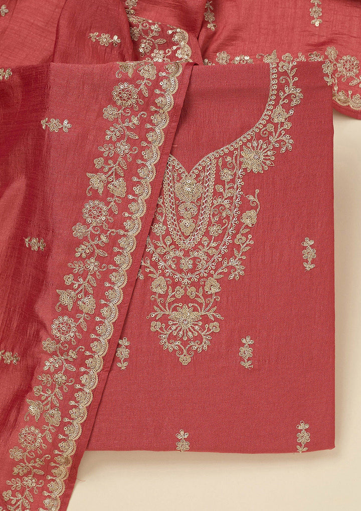 Rust Zariwork (Gold) Soft Raw Silk Unstitched Salwar Suit_koskii