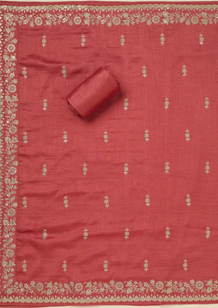 Rust Zariwork (Gold) Soft Raw Silk Unstitched Salwar Suit_koskii