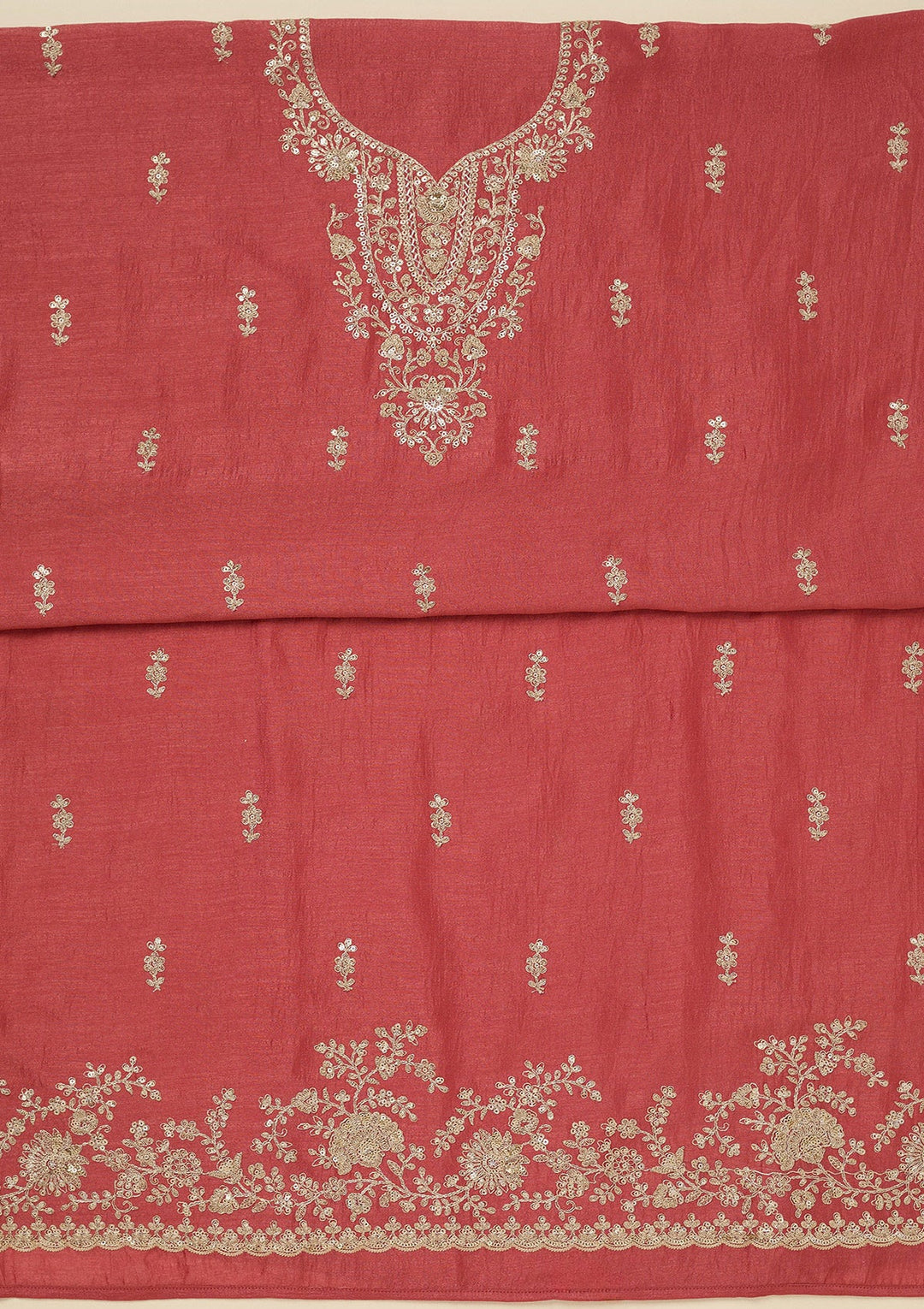 Rust Zariwork (Gold) Soft Raw Silk Unstitched Salwar Suit_koskii