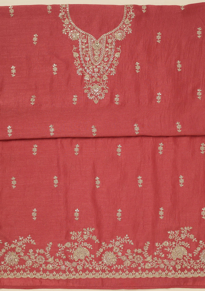 Rust Zariwork (Gold) Soft Raw Silk Unstitched Salwar Suit_koskii