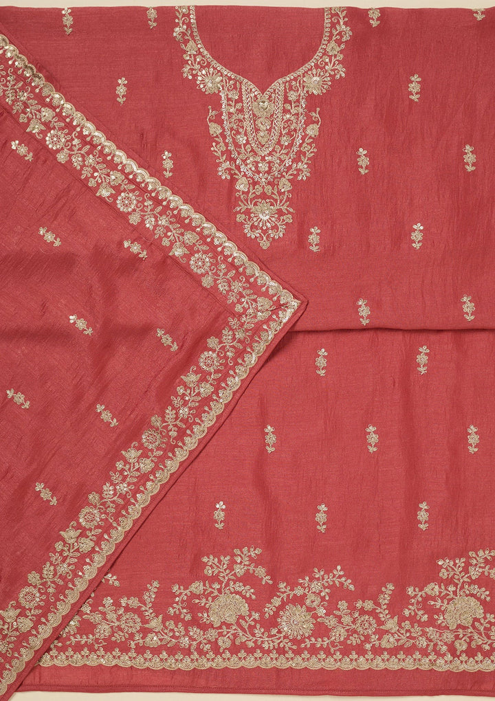 Rust Zariwork (Gold) Soft Raw Silk Unstitched Salwar Suit_koskii