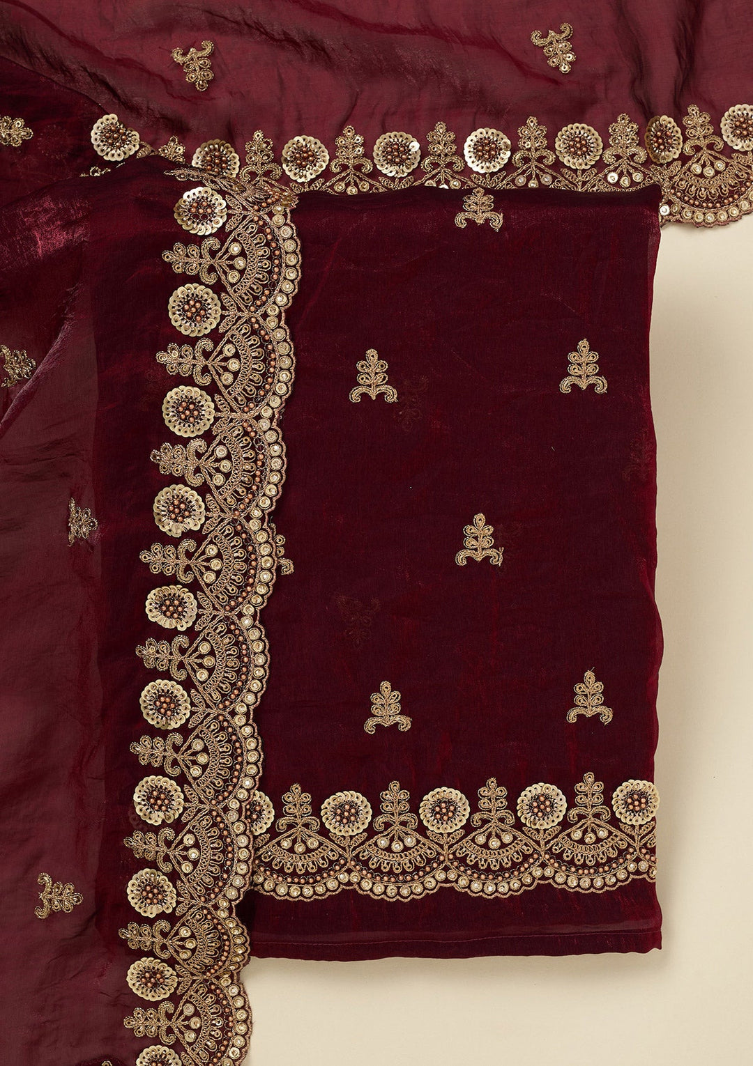 Maroon Cording Organza Unstitched Salwar Suit_koskii