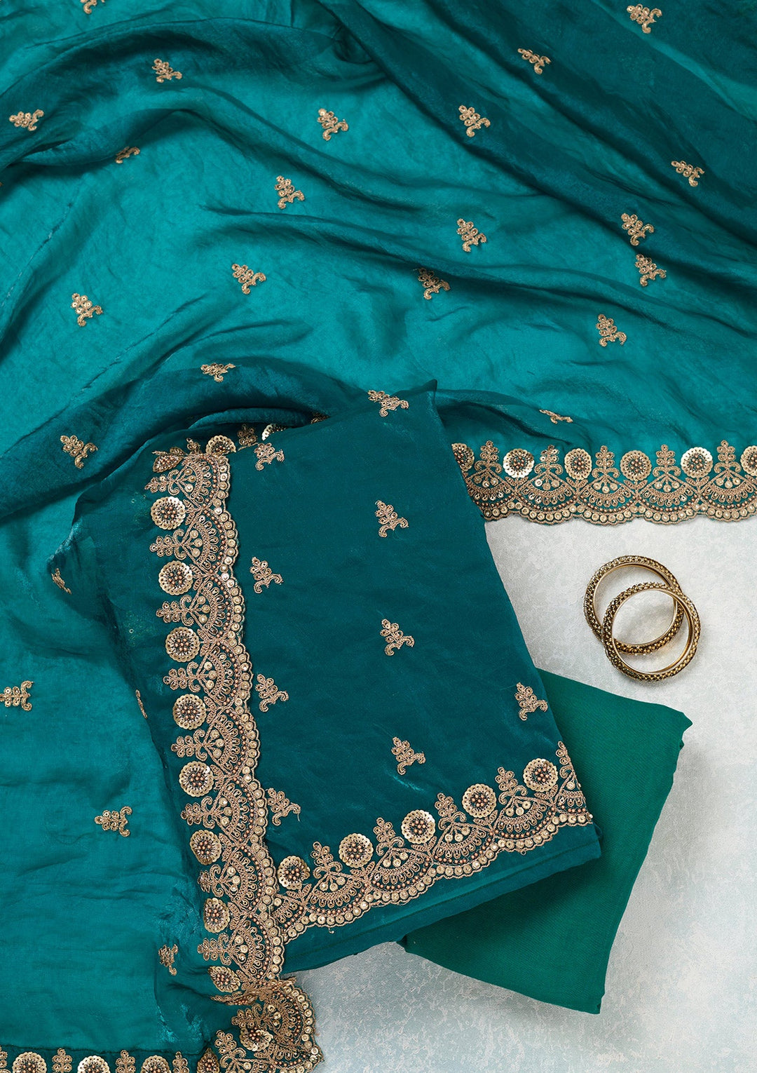 Rama Green Cording Organza Unstitched Salwar Suit-koskii