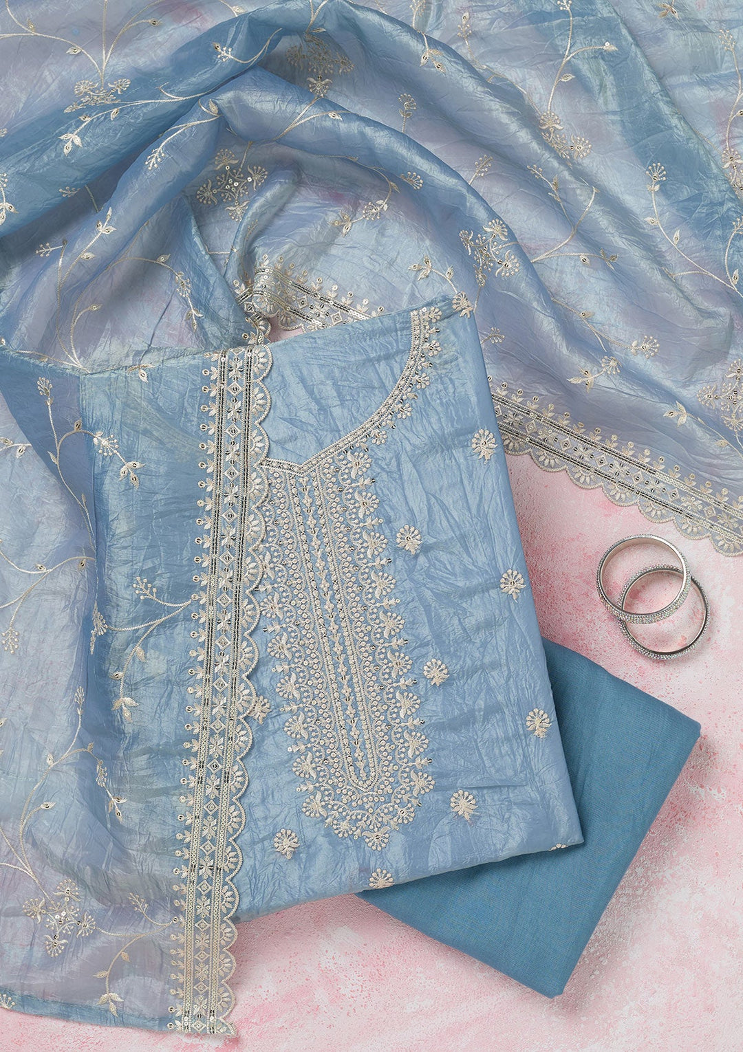 Grey Threadwork Tissue Unstitched Salwar Suit-koskii