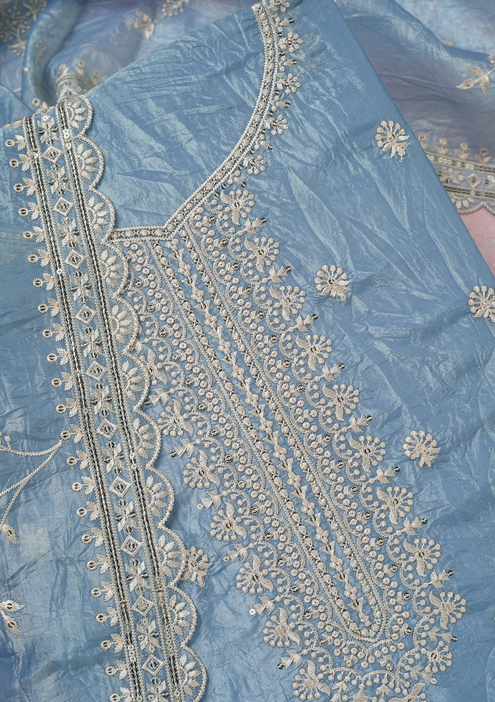 Grey Threadwork Tissue Unstitched Salwar Suit-koskii