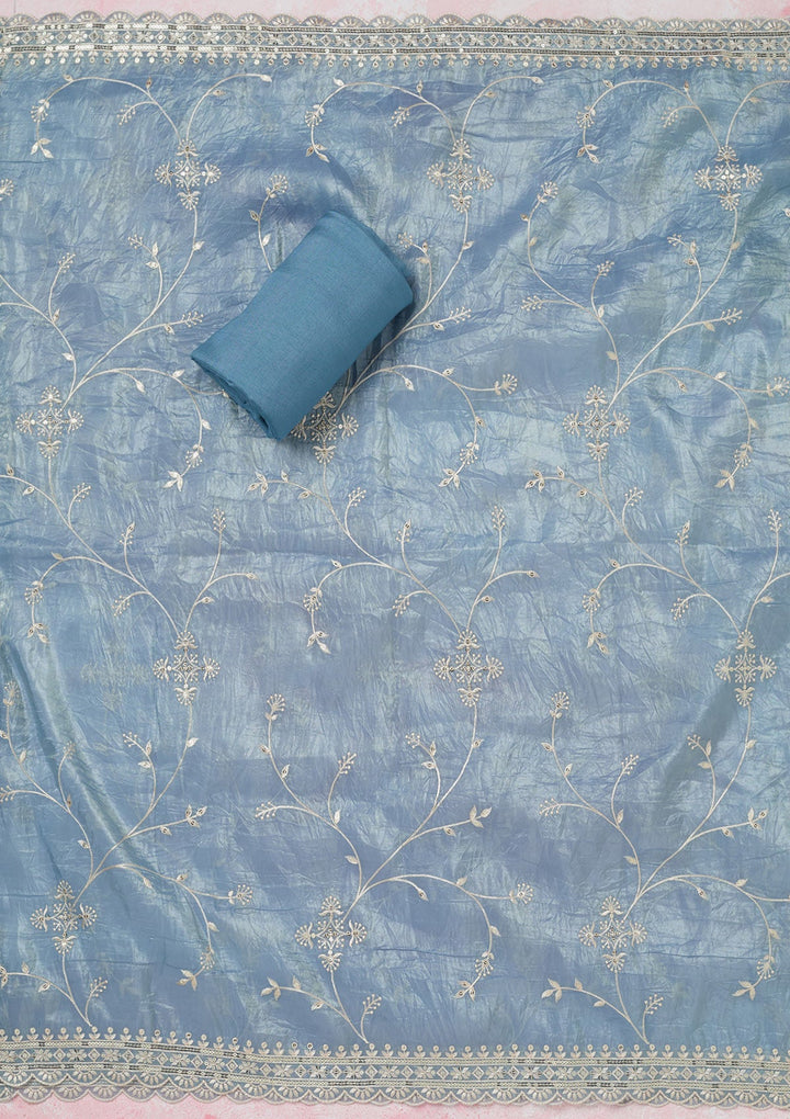 Grey Threadwork Tissue Unstitched Salwar Suit-koskii