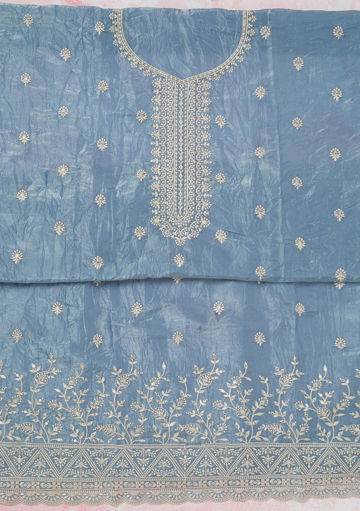 Grey Threadwork Tissue Unstitched Salwar Suit-koskii