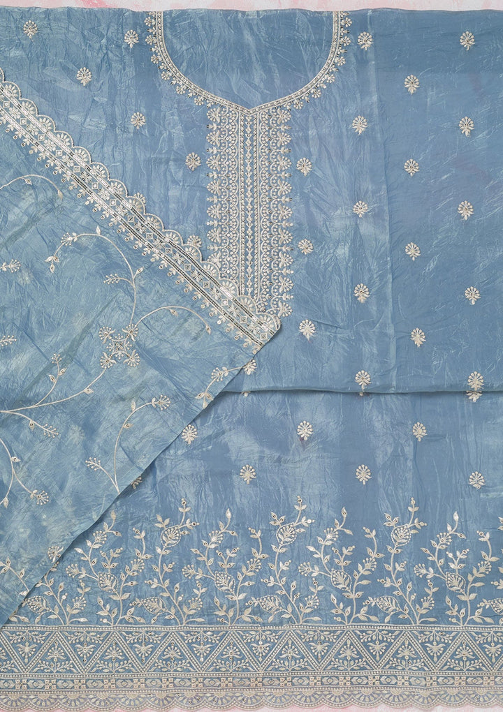 Grey Threadwork Tissue Unstitched Salwar Suit-koskii