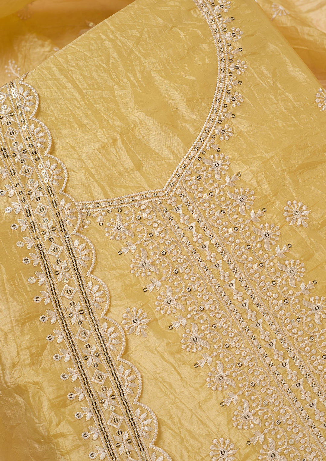 Yellow Threadwork Tissue Unstitched Salwar Suit-koskii