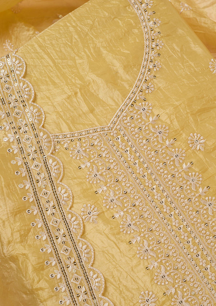 Yellow Threadwork Tissue Unstitched Salwar Suit-koskii