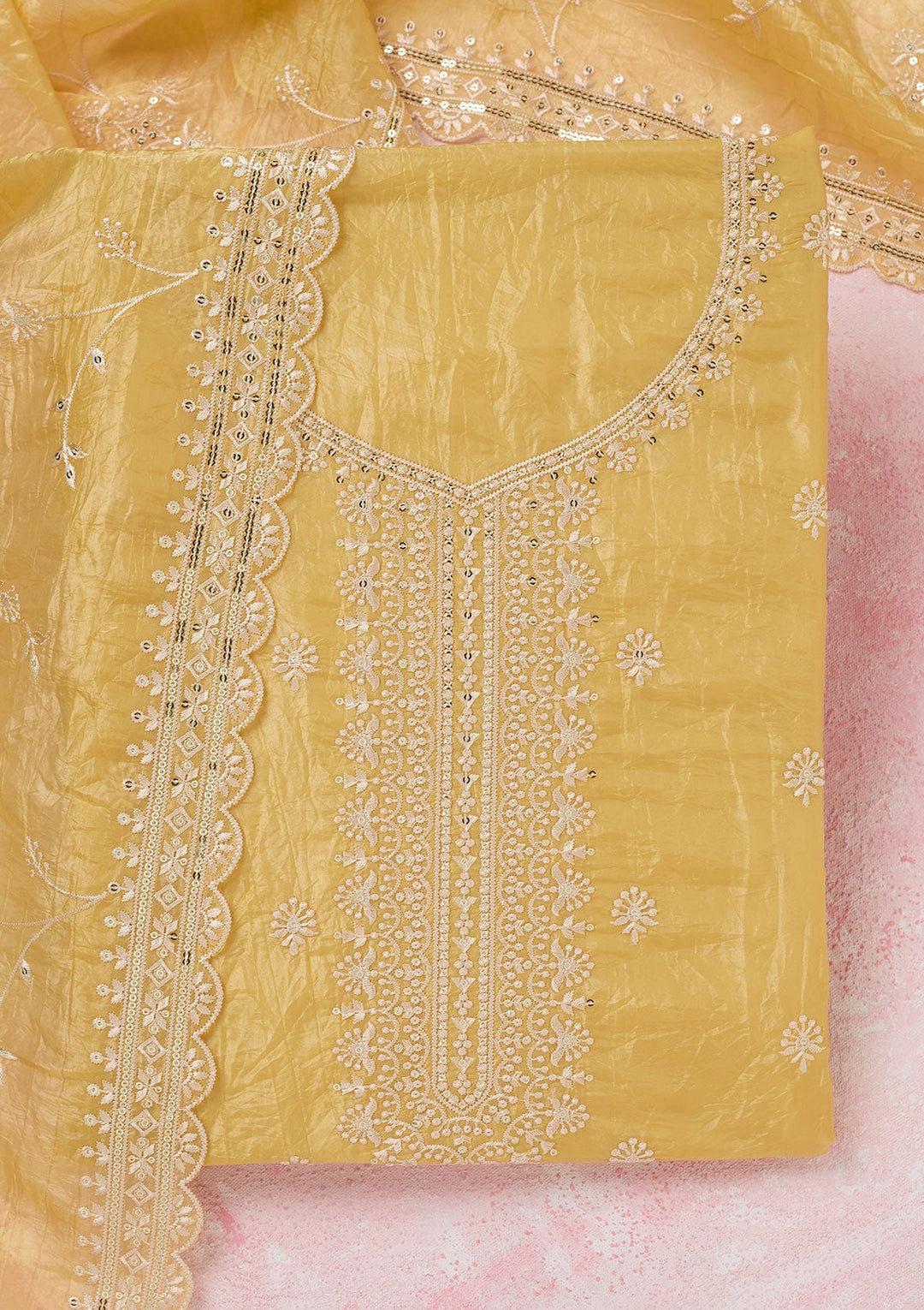 Yellow Threadwork Tissue Unstitched Salwar Suit-koskii