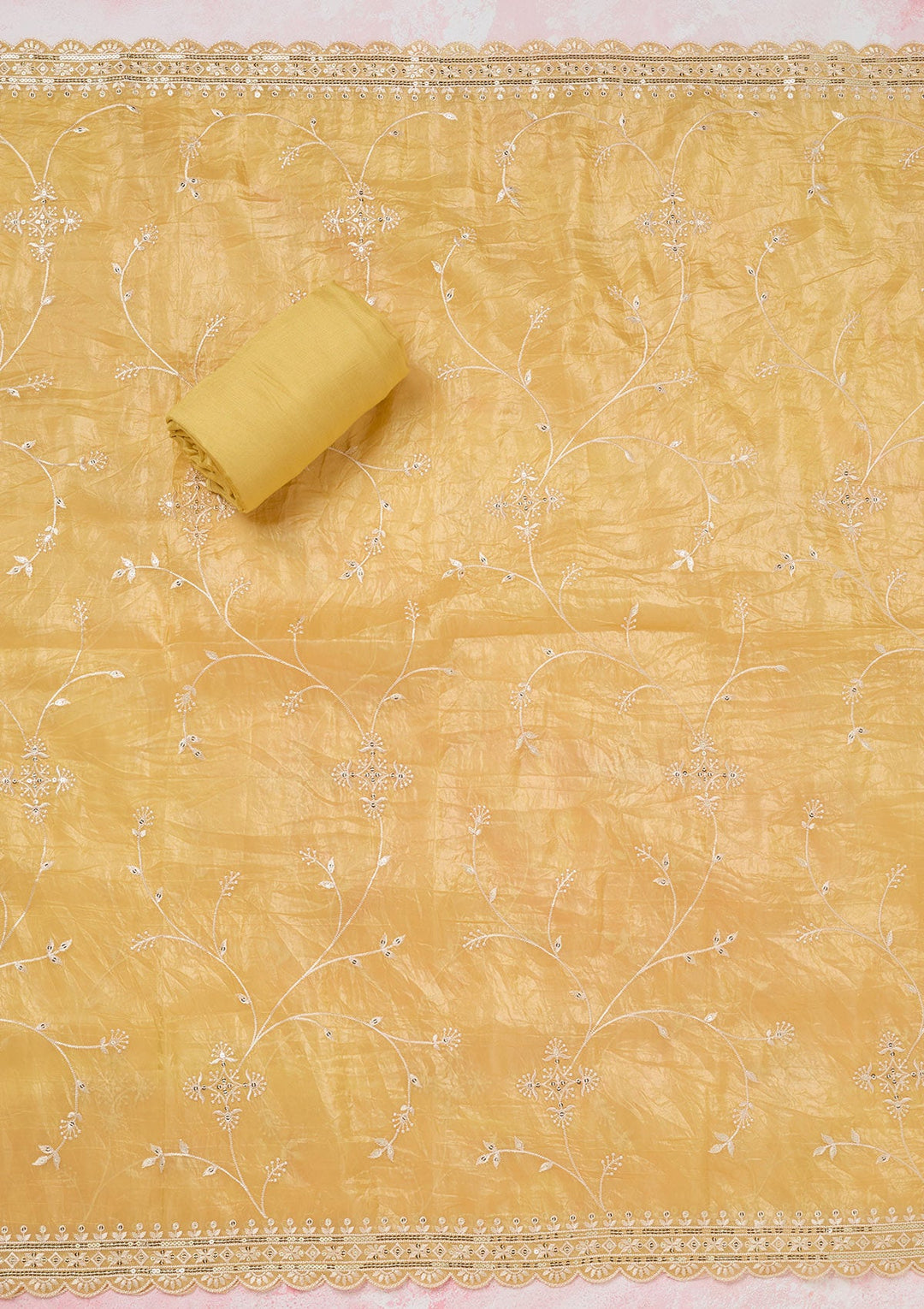 Yellow Threadwork Tissue Unstitched Salwar Suit-koskii