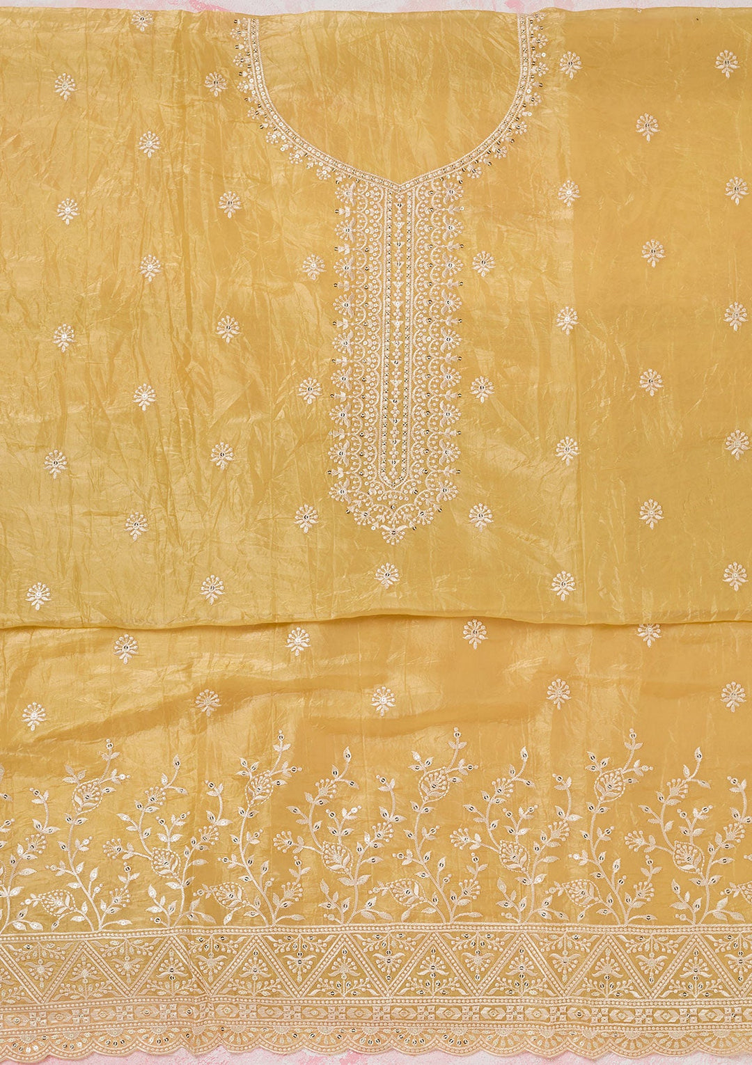 Yellow Threadwork Tissue Unstitched Salwar Suit-koskii