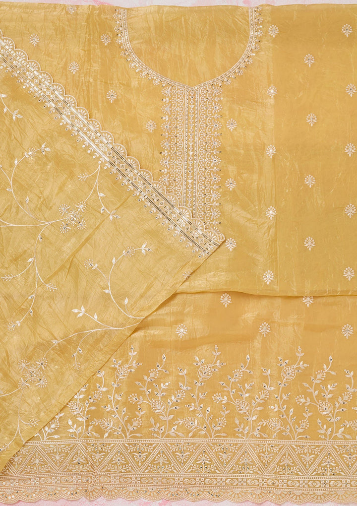 Yellow Threadwork Tissue Unstitched Salwar Suit-koskii
