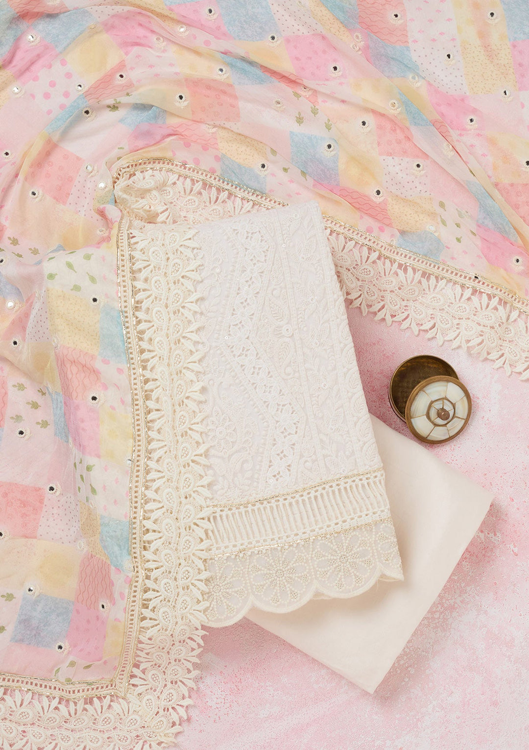 Off White Threadwork Georgette Unstitched Salwar Suit-koskii