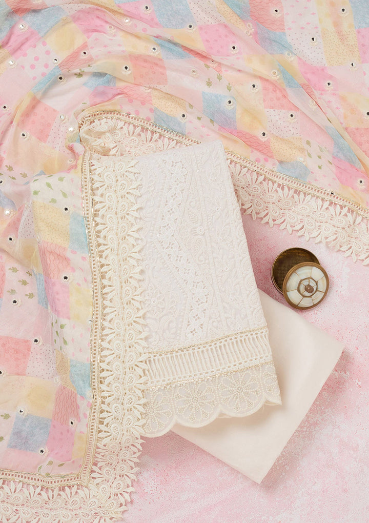 Off White Threadwork Georgette Unstitched Salwar Suit-koskii