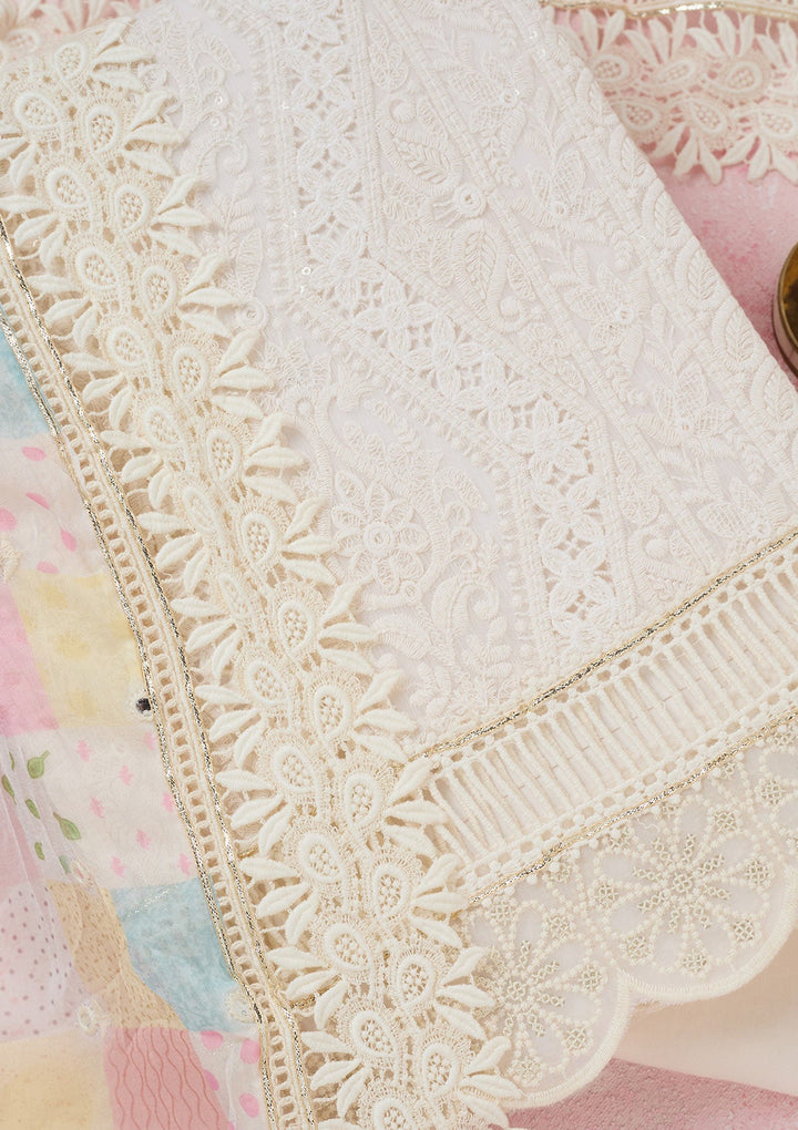 Off White Threadwork Georgette Unstitched Salwar Suit-koskii