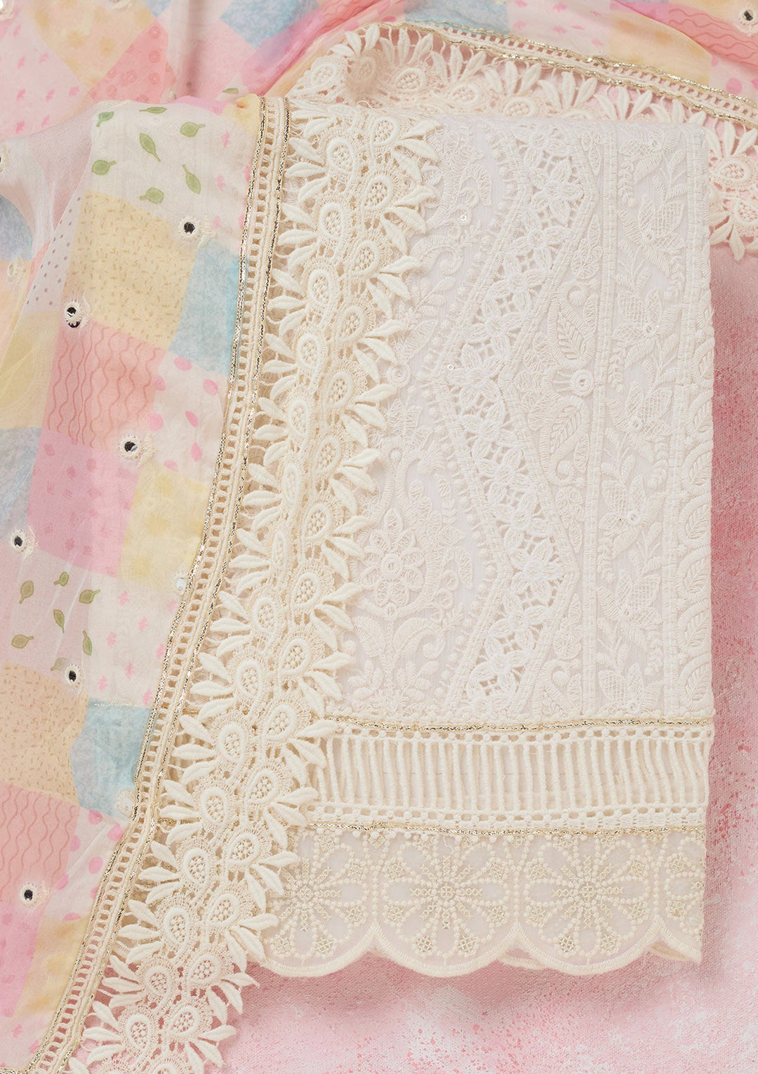 Off White Threadwork Georgette Unstitched Salwar Suit-koskii