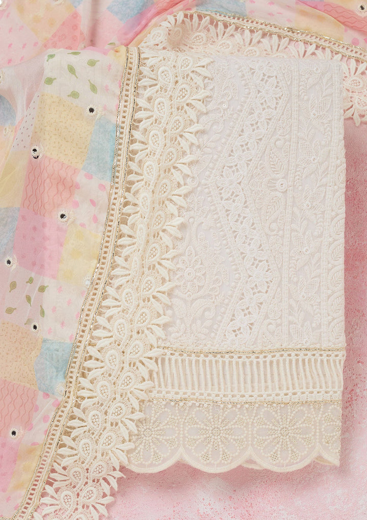 Off White Threadwork Georgette Unstitched Salwar Suit-koskii