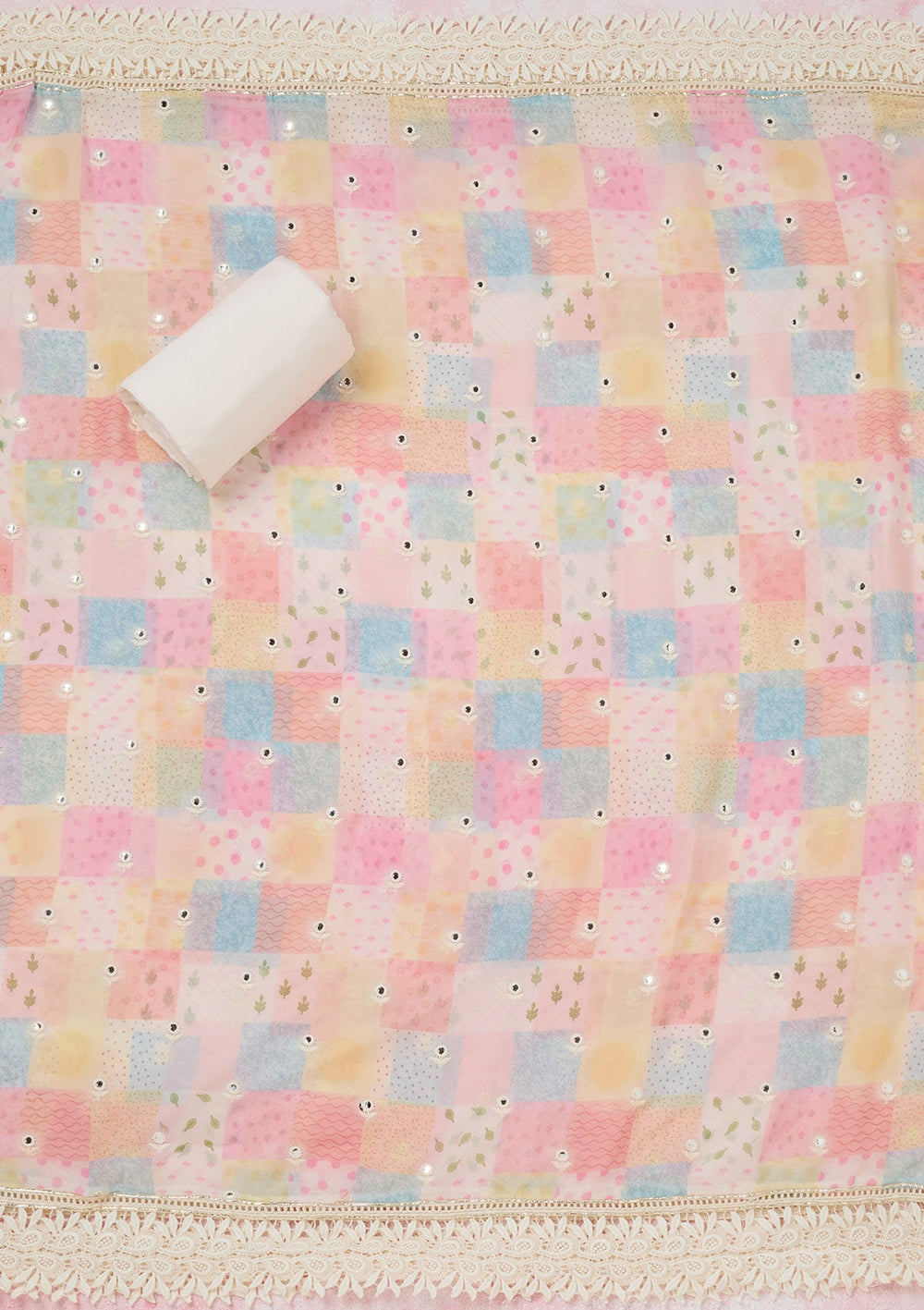 Off White Threadwork Georgette Unstitched Salwar Suit-koskii