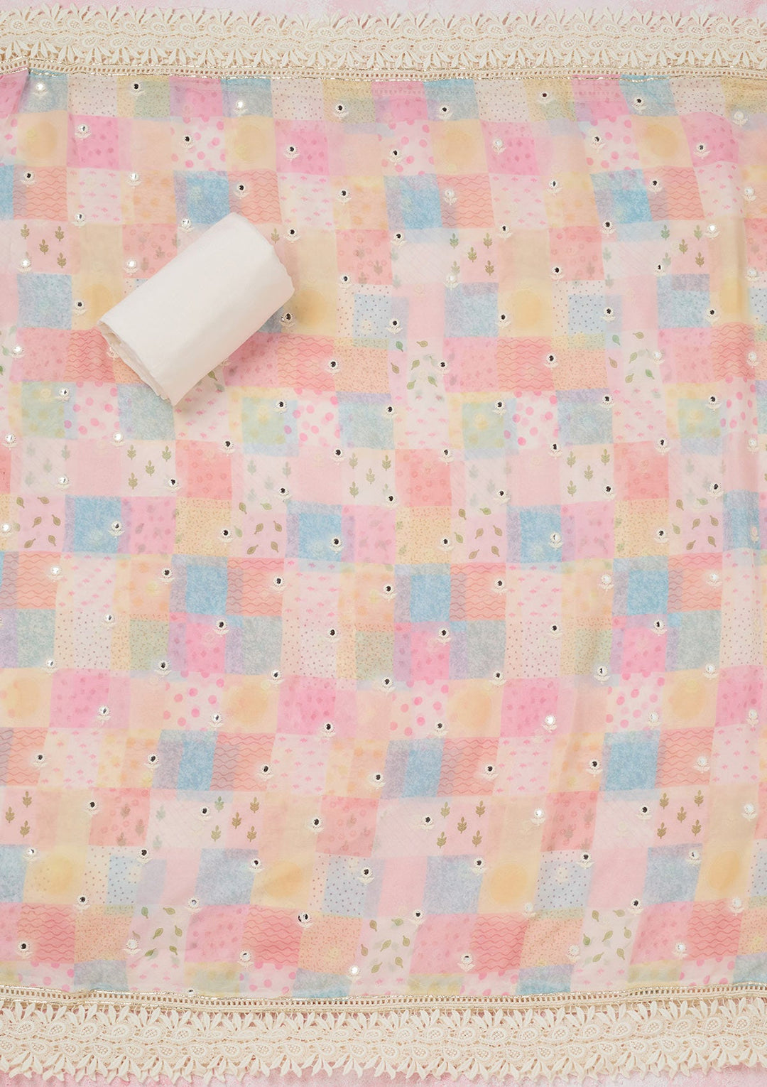 Off White Threadwork Georgette Unstitched Salwar Suit-koskii