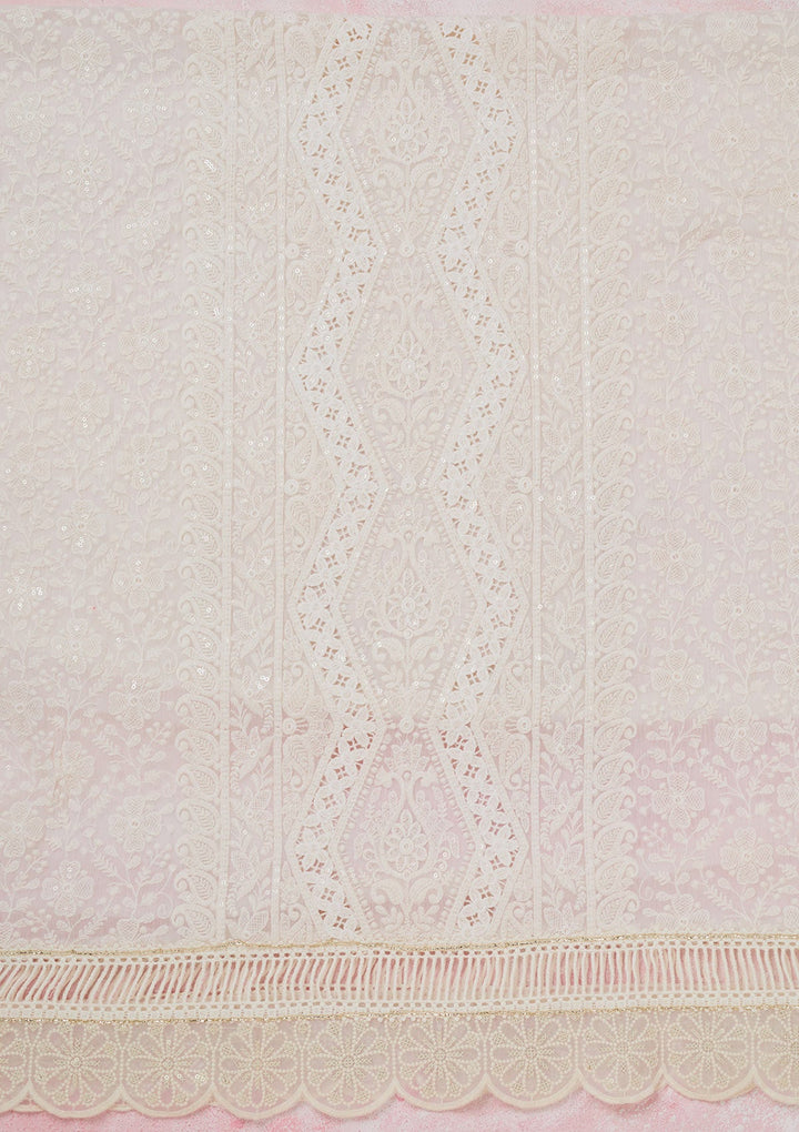 Off White Threadwork Georgette Unstitched Salwar Suit-koskii