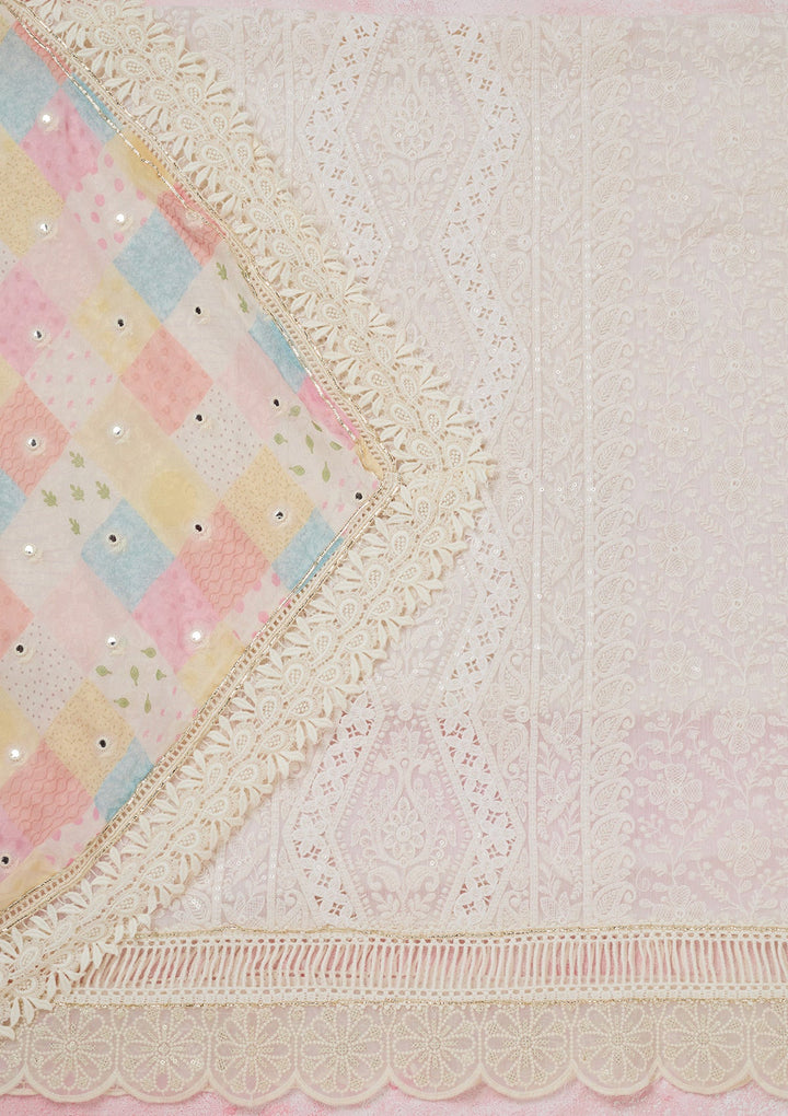 Off White Threadwork Georgette Unstitched Salwar Suit-koskii