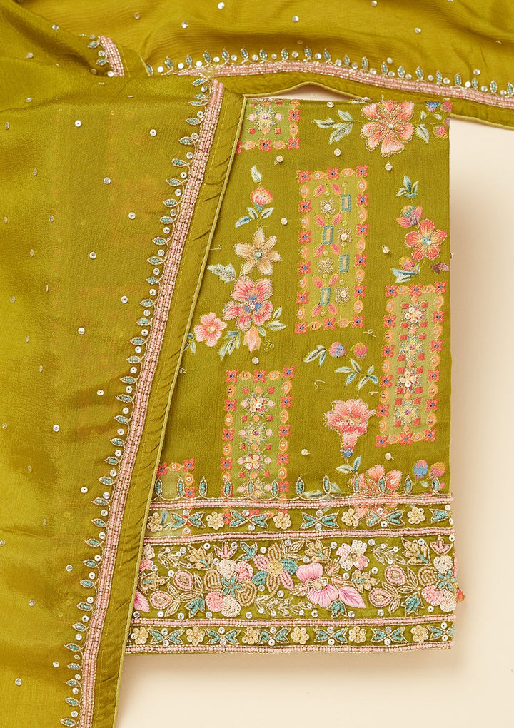 Mehandi Green Stonework (Silver) Semi Crepe Unstitched Salwar Suit