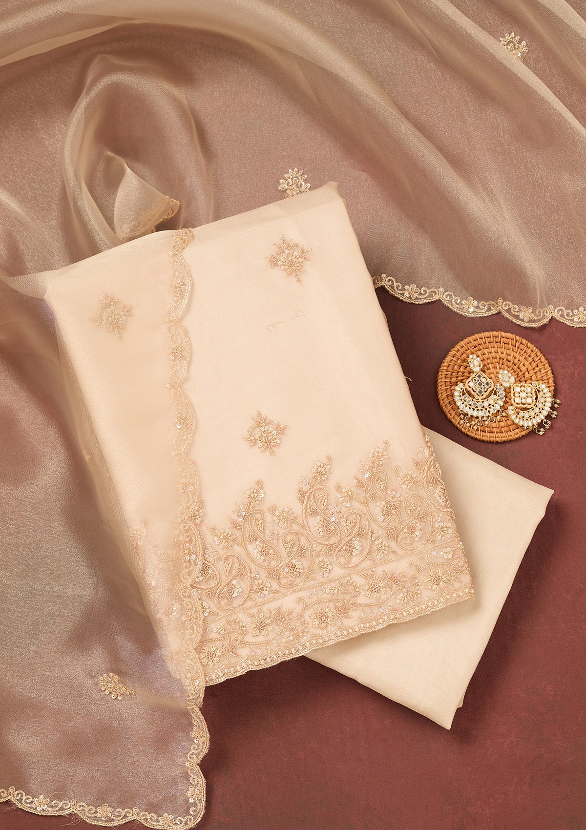 Beige Cutdana Organza Unstitched Salwar Suit-Koskii