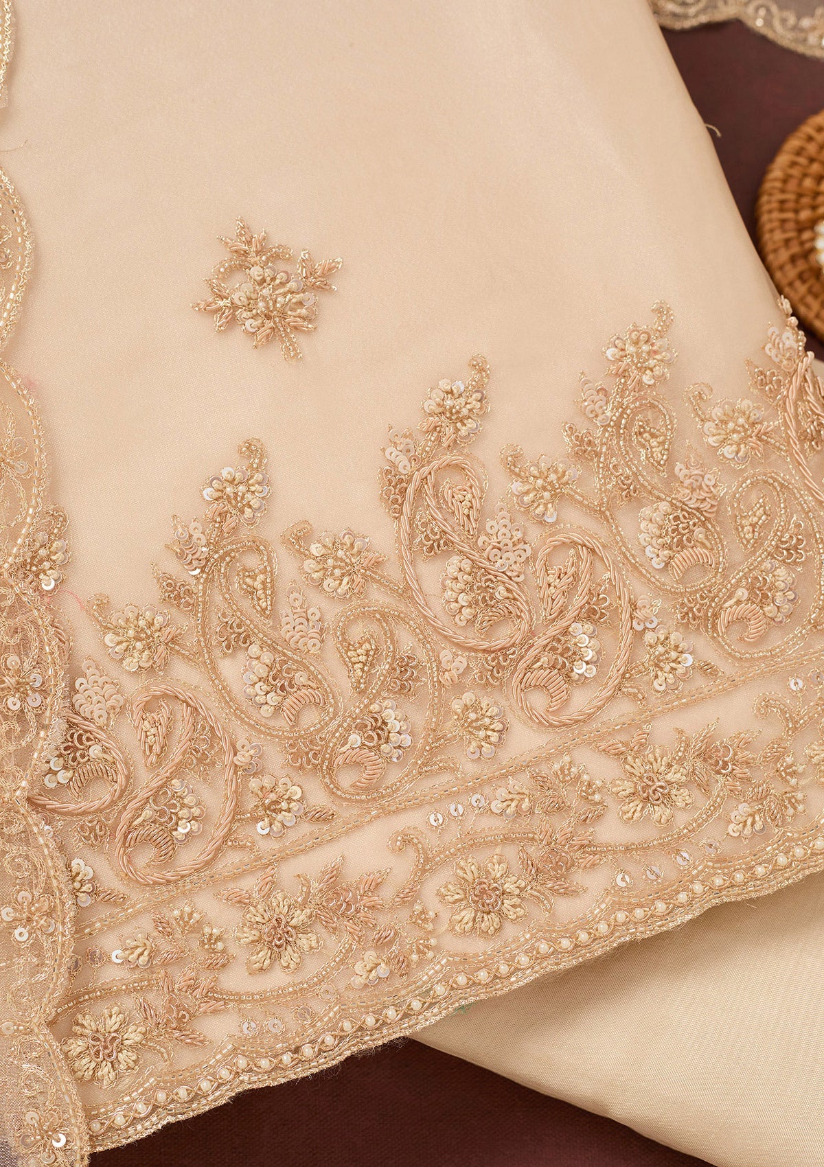 Beige Cutdana Organza Unstitched Salwar Suit-Koskii