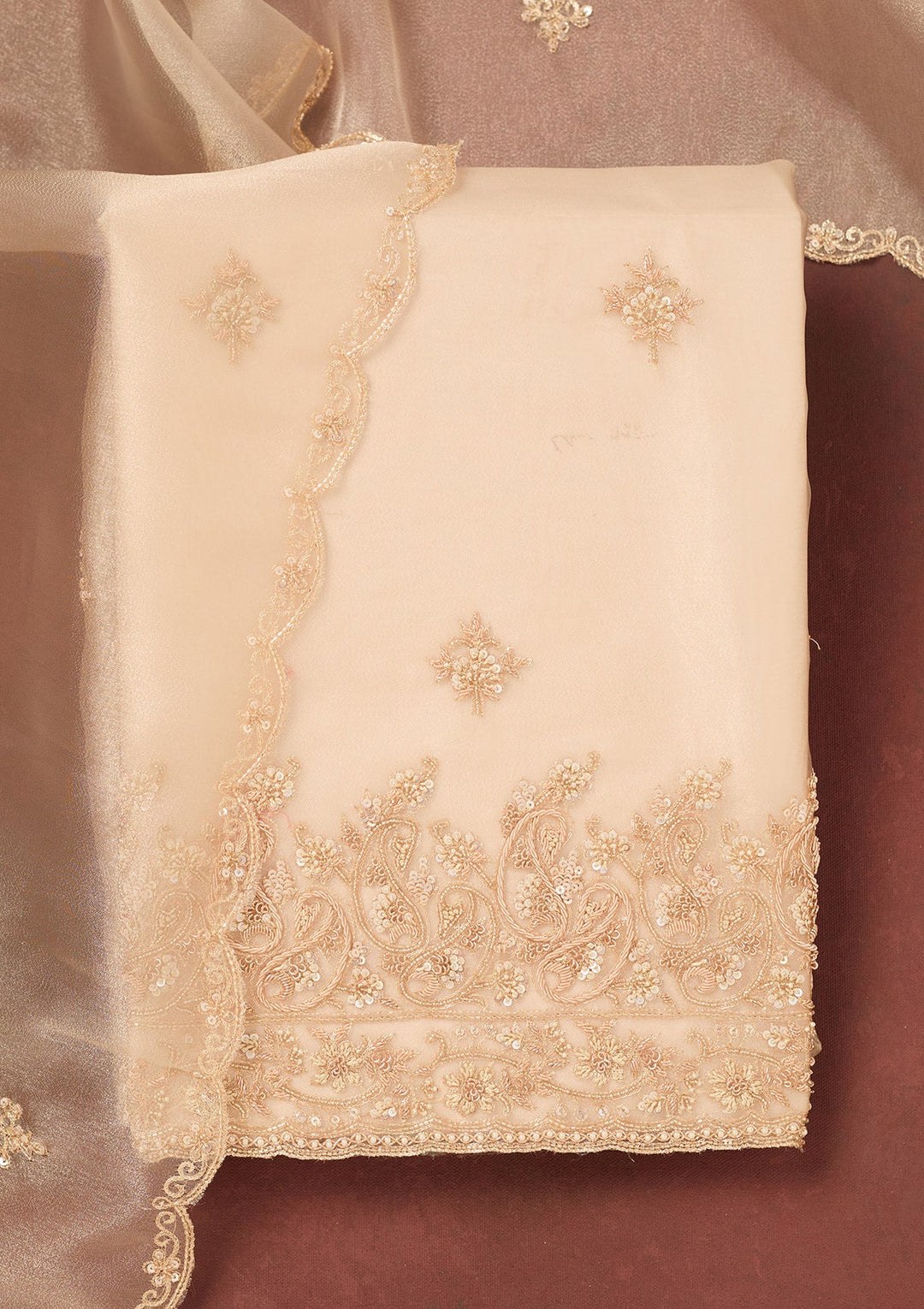 Beige Cutdana Organza Unstitched Salwar Suit-Koskii