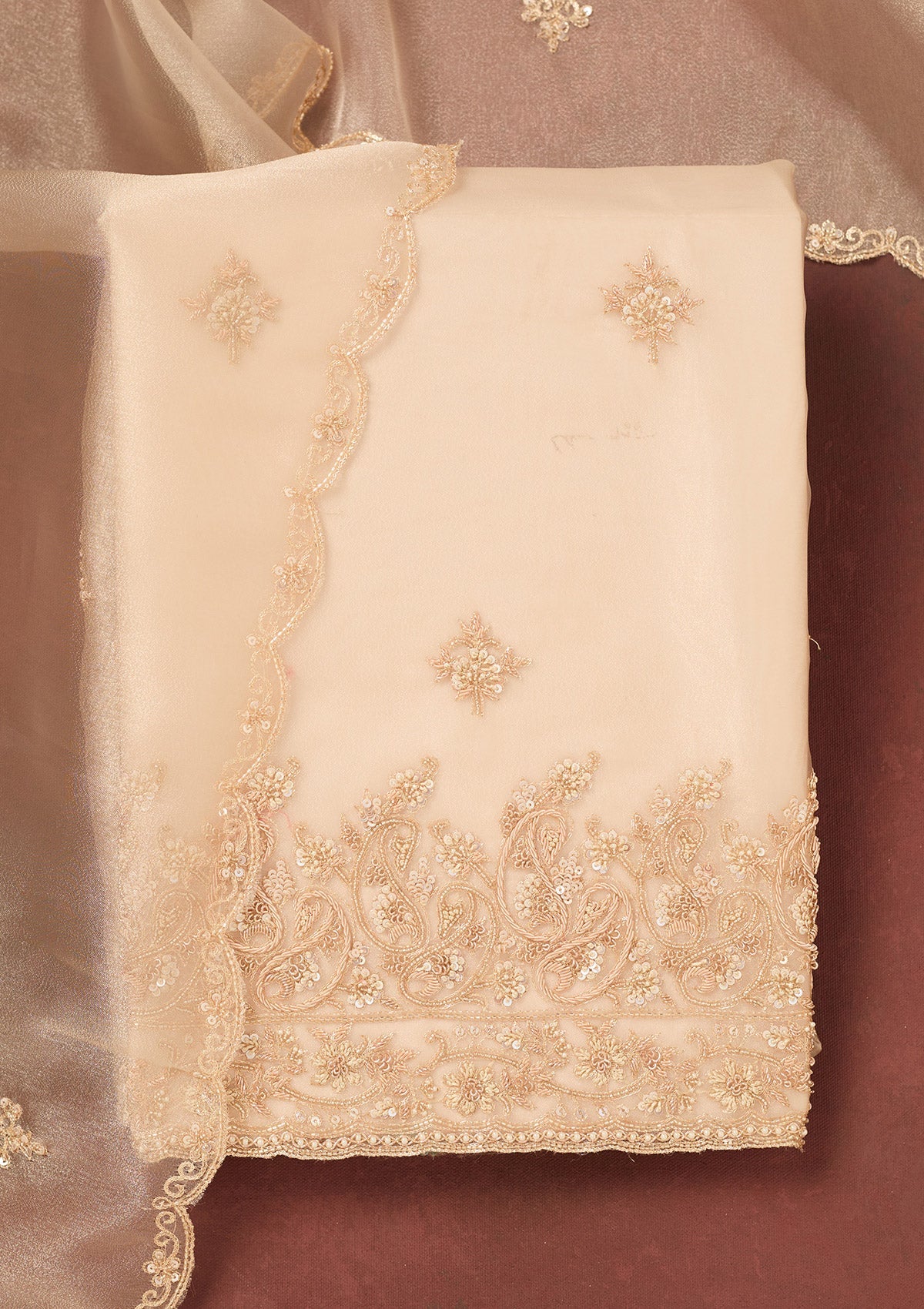 Beige Cutdana Organza Unstitched Salwar Suit-Koskii
