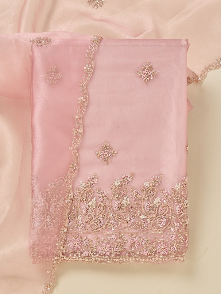 Onion Pink Zardozi (Gold) Organza Unstitched Salwar Suit