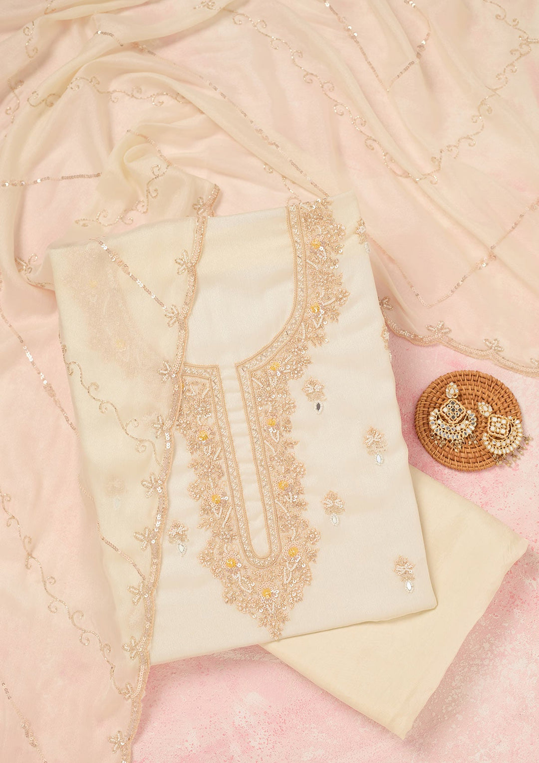Off White Cutdana Chinon Unstitched Salwar Suit-Koskii
