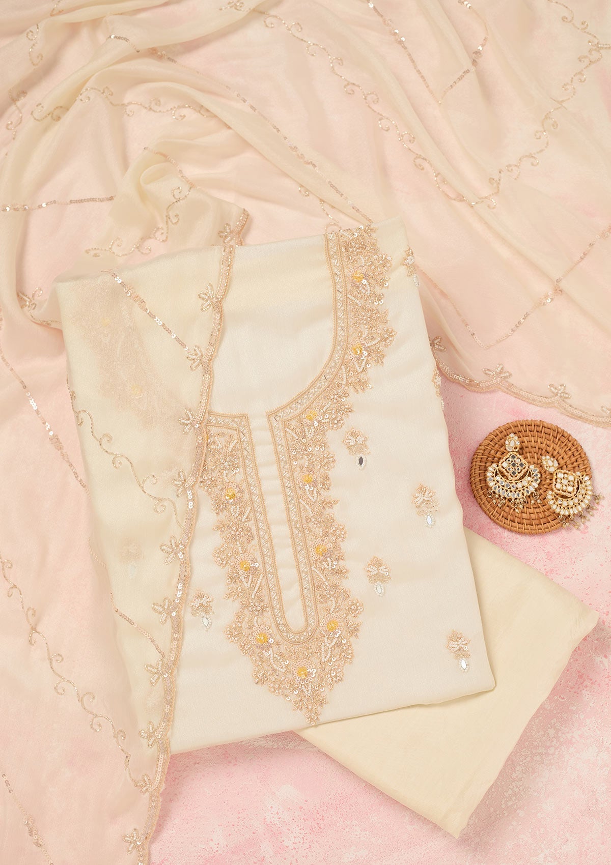 Off White Cutdana Chinon Unstitched Salwar Suit-Koskii