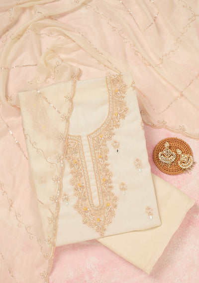 Off White Cutdana Chinon Unstitched Salwar Suit-Koskii