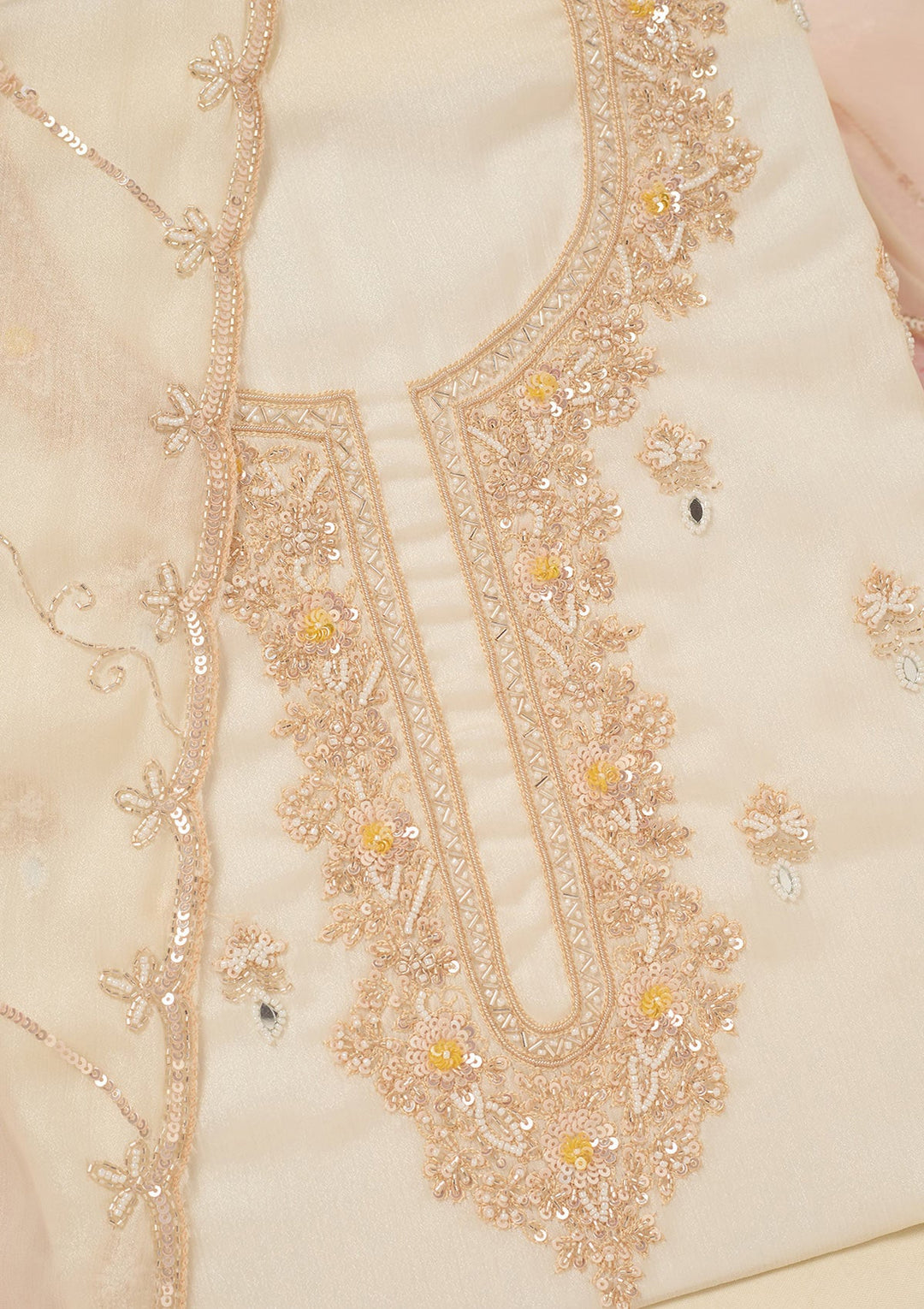 Off White Cutdana Chinon Unstitched Salwar Suit-Koskii