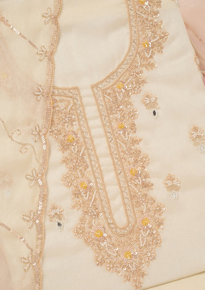 Off White Cutdana Chinon Unstitched Salwar Suit-Koskii