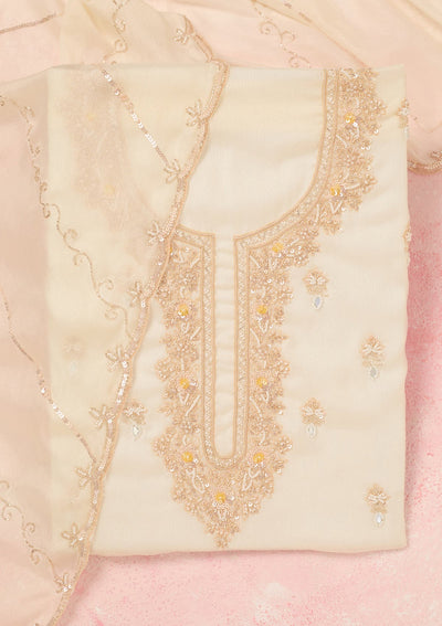 Off White Cutdana Chinon Unstitched Salwar Suit-Koskii