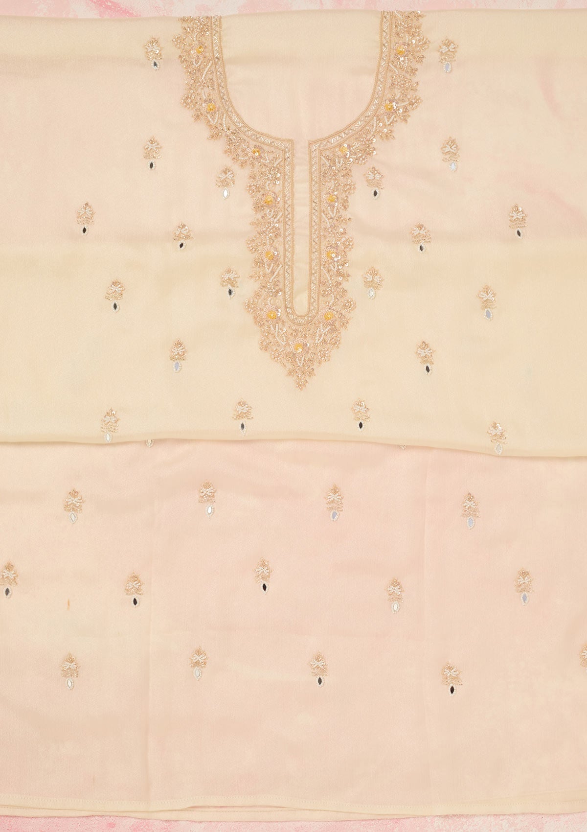 Off White Cutdana Chinon Unstitched Salwar Suit-Koskii