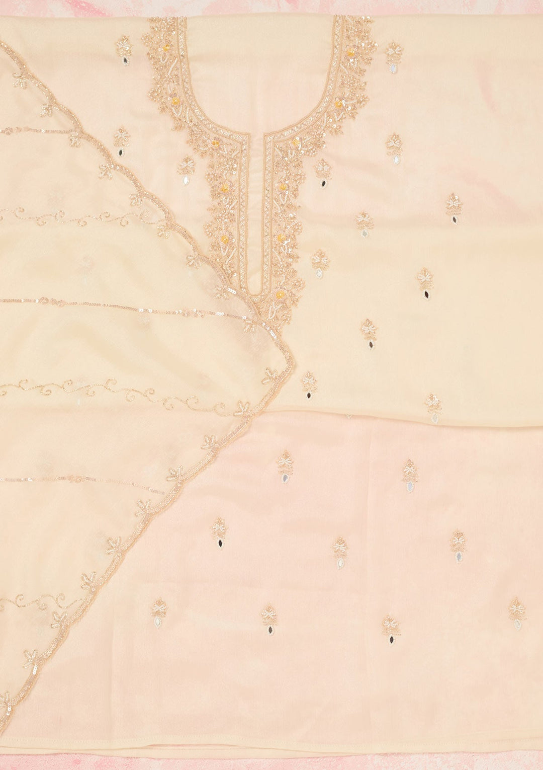 Off White Cutdana Chinon Unstitched Salwar Suit-Koskii