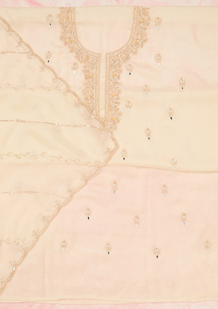 Off White Cutdana Chinon Unstitched Salwar Suit-Koskii