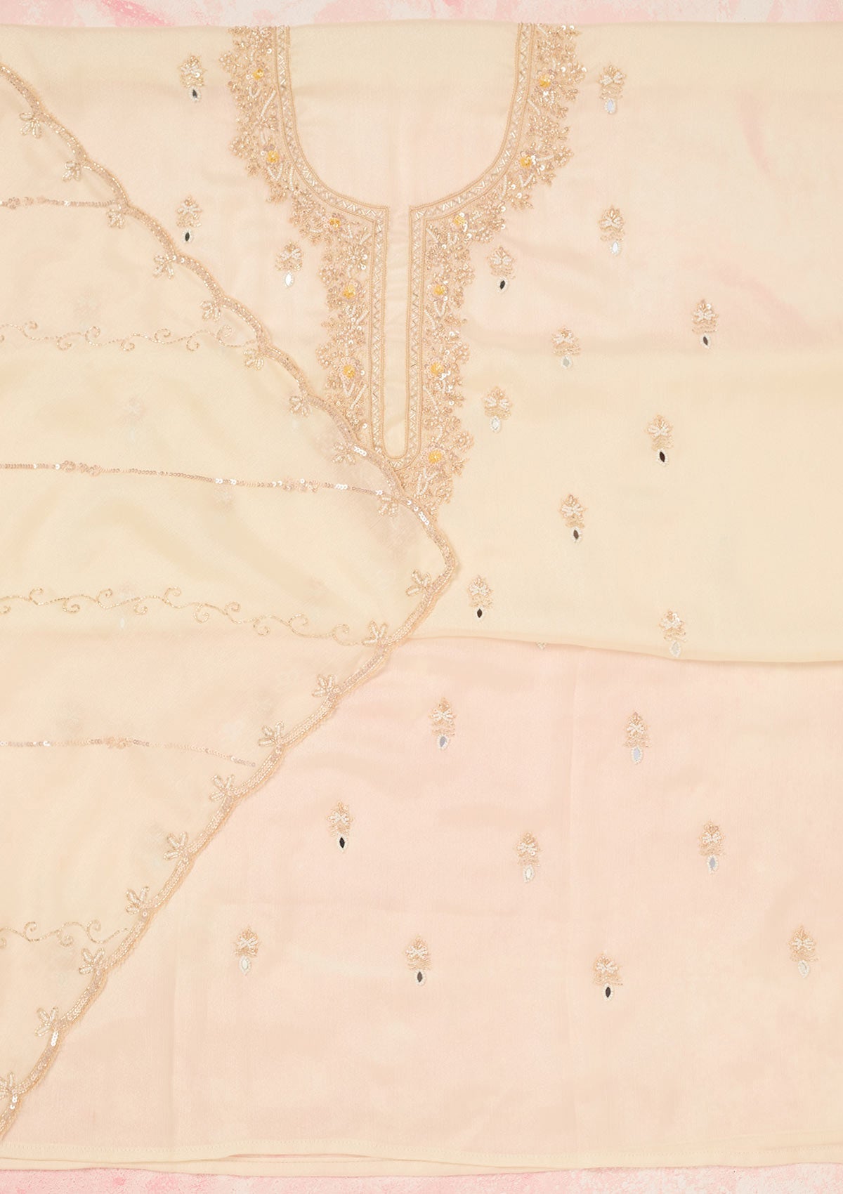 Off White Cutdana Chinon Unstitched Salwar Suit-Koskii