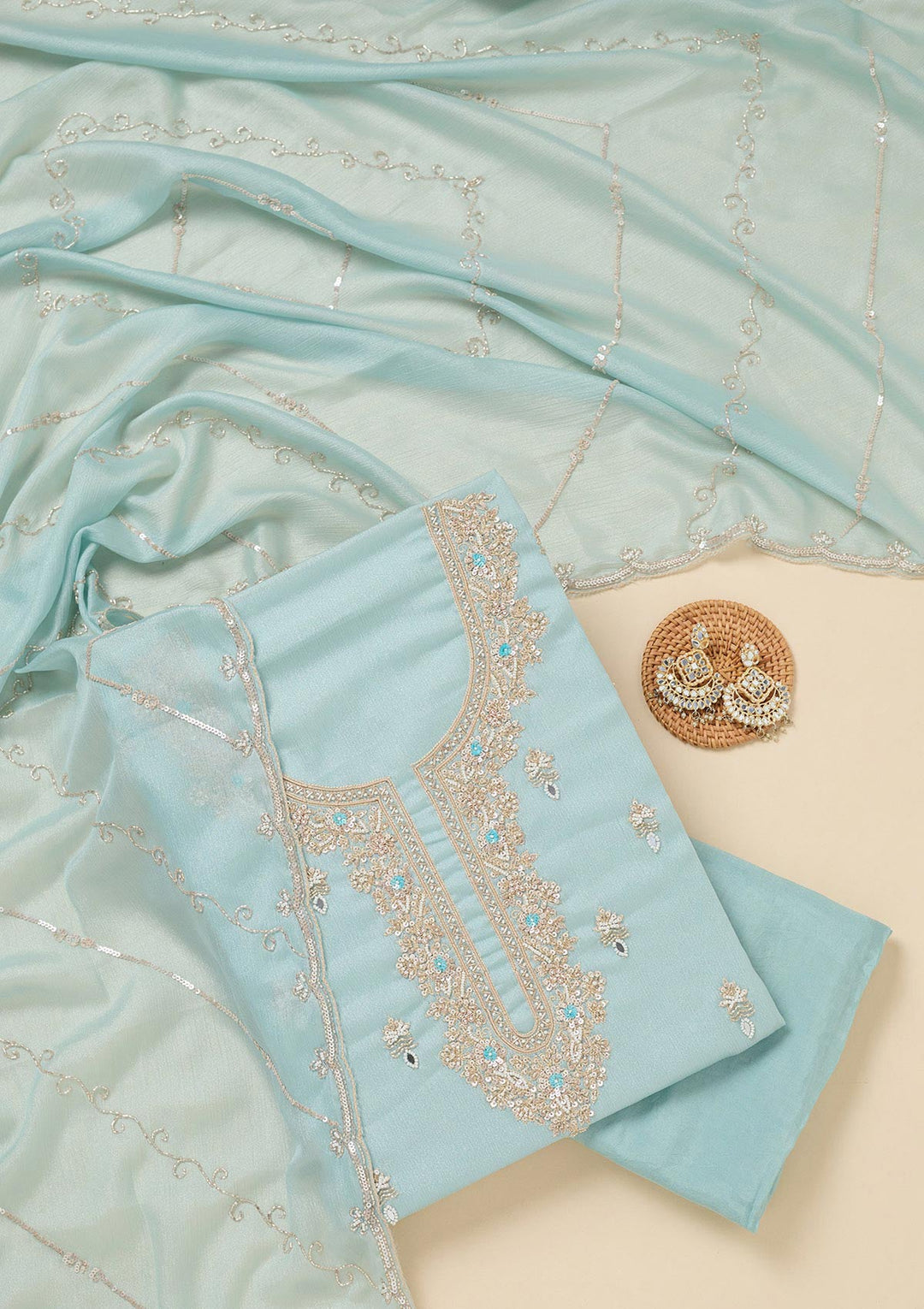 Sky Blue Cutdana Chinon Unstitched Salwar Suit-koskii