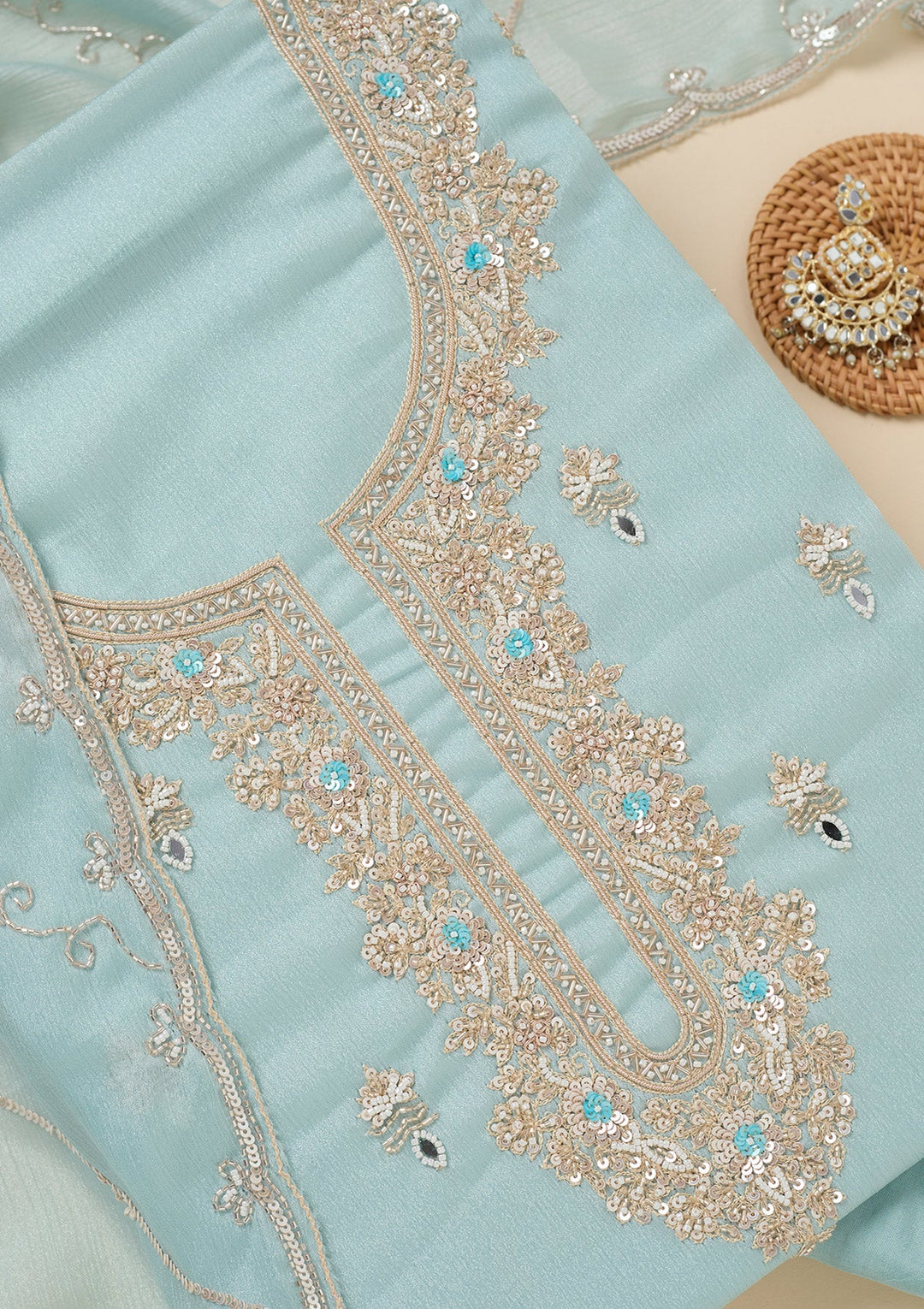 Sky Blue Cutdana Chinon Unstitched Salwar Suit