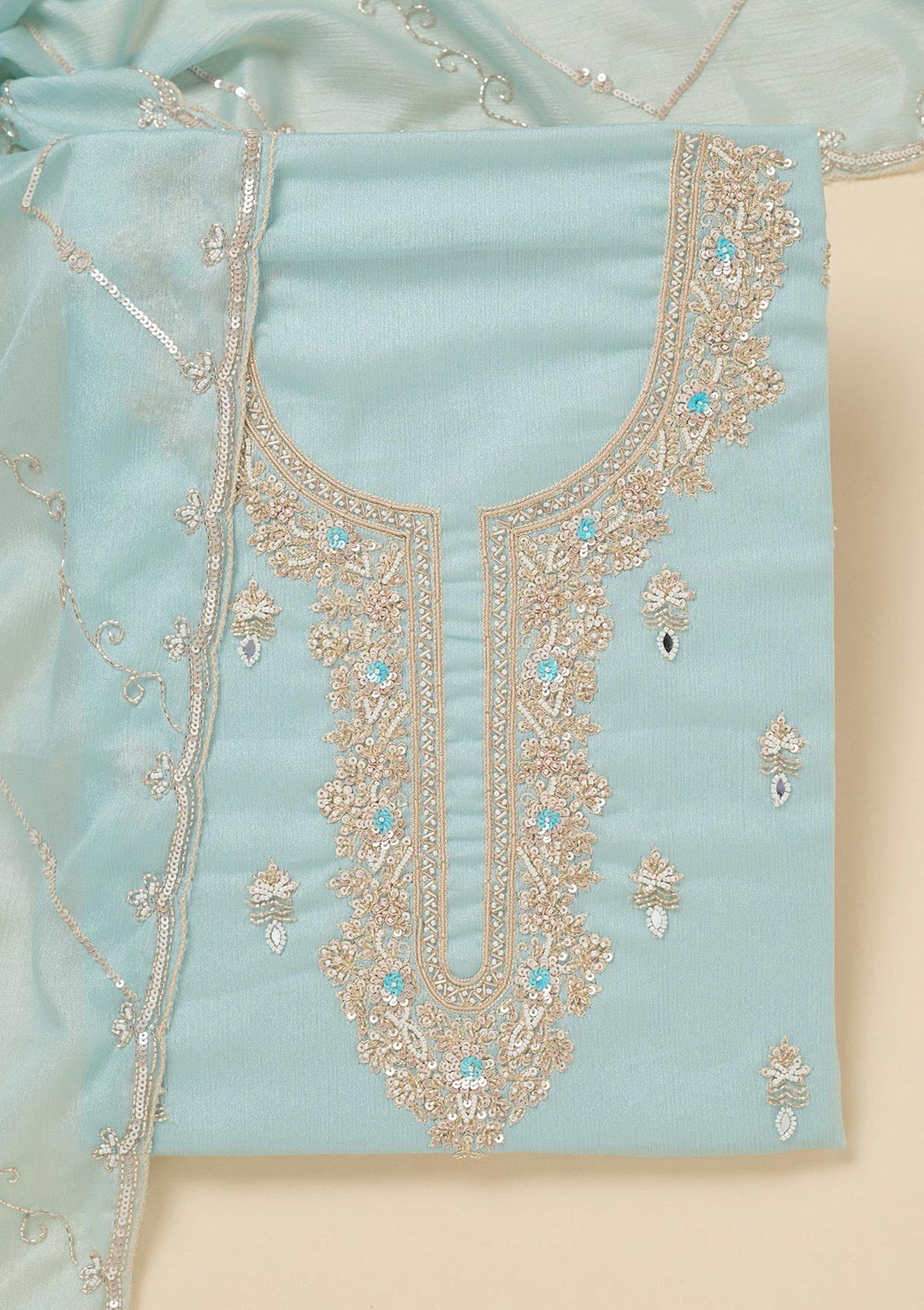Sky Blue Cutdana Chinon Unstitched Salwar Suit
