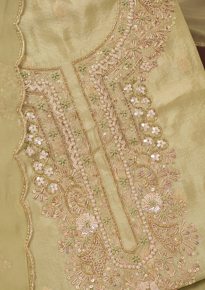 Pista Green Cutdana Organza Unstitched Salwar Suit-Koskii